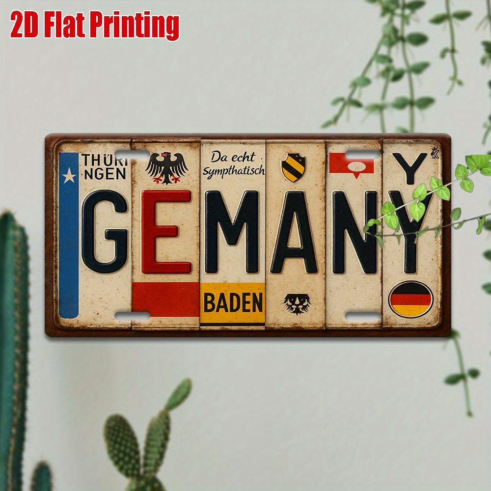 Printing, , Vintage Metal License Plate, Outdoor Wall Art , GERMANY Badge Style Aluminum Sign with License Typography and Sym