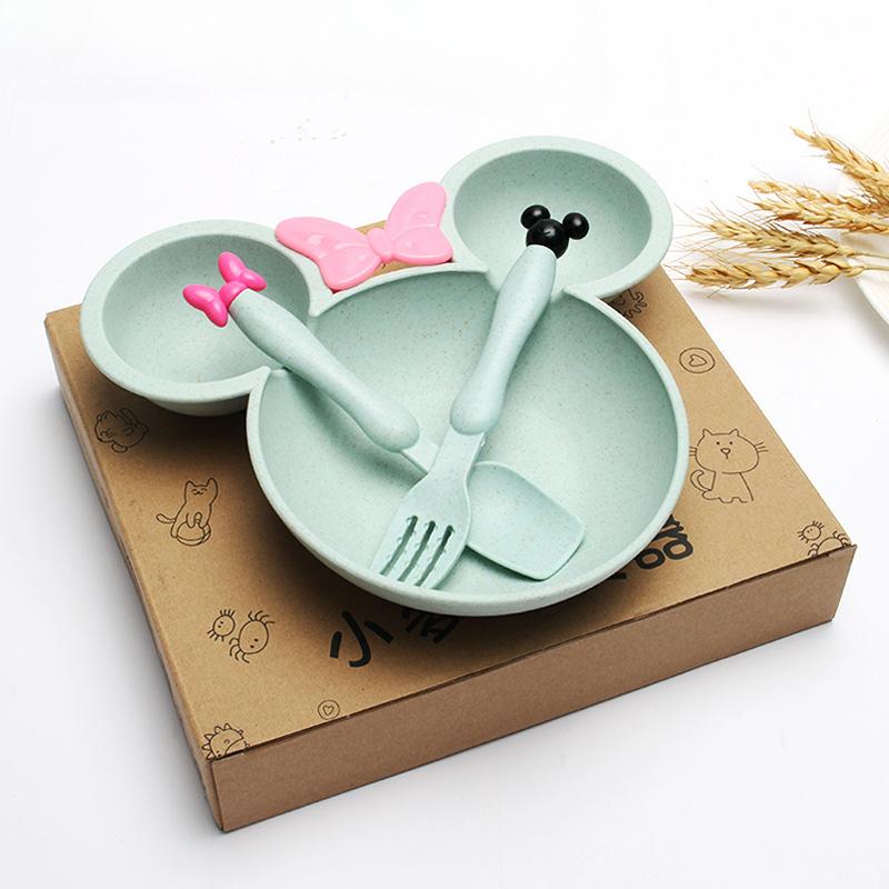 3 Stück/Set Cartoon Baby Schüssel Geschirr Set Weizenstroh Kindergeschirr Kinder Abendessen Fütterungsplatte Schleife Speiseteller Löffel Gabel