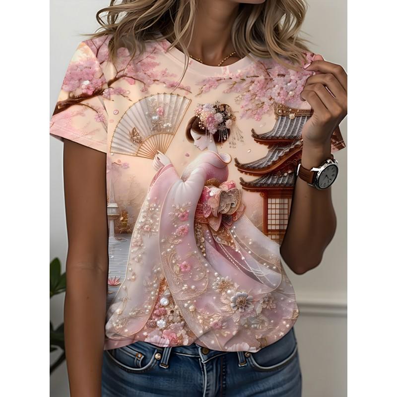 Womens Slim Fit Short Sleeve T-Shirt With 3D Cartoon Animal Print Digital Printing Casual Top