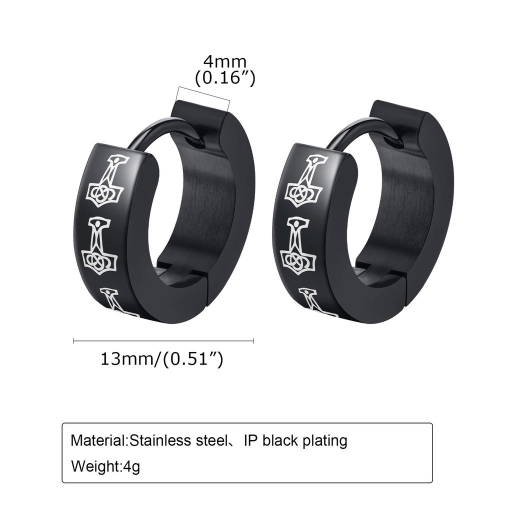 Black Viking Thors Hammer Earrings for Men Boys, Waterproof Stainless Steel Hoop Huggie Earring Jewelry, brincos masculinos