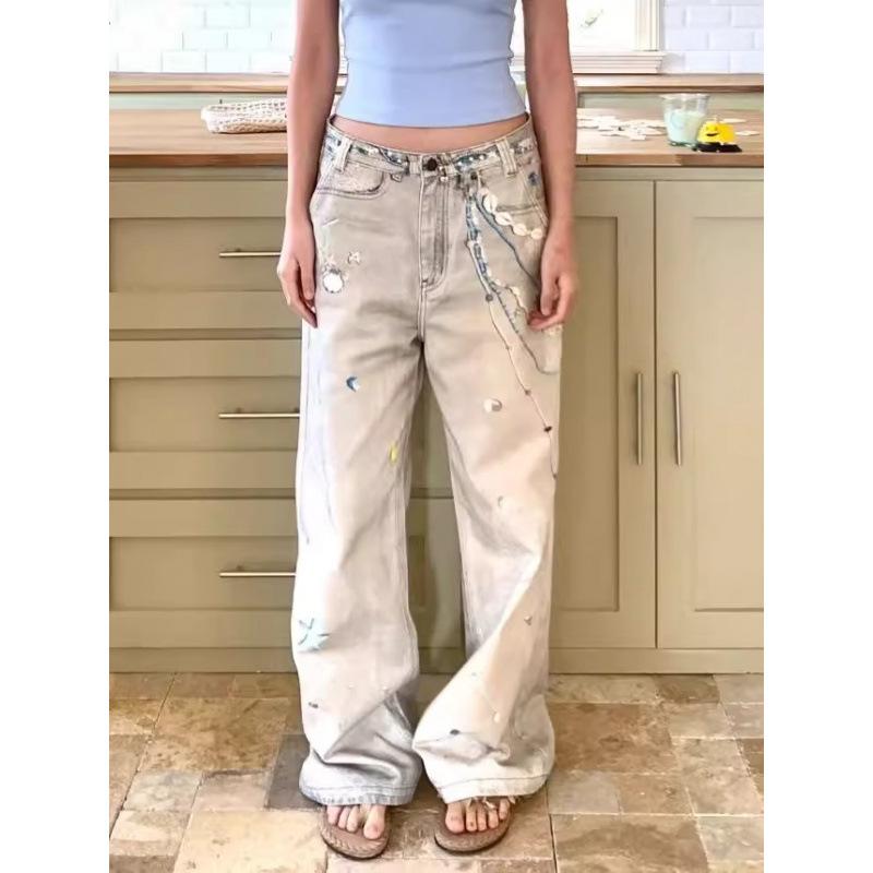 JYL Women's Cropped Jeans American Vintage Summer High-Waist Straight Denim