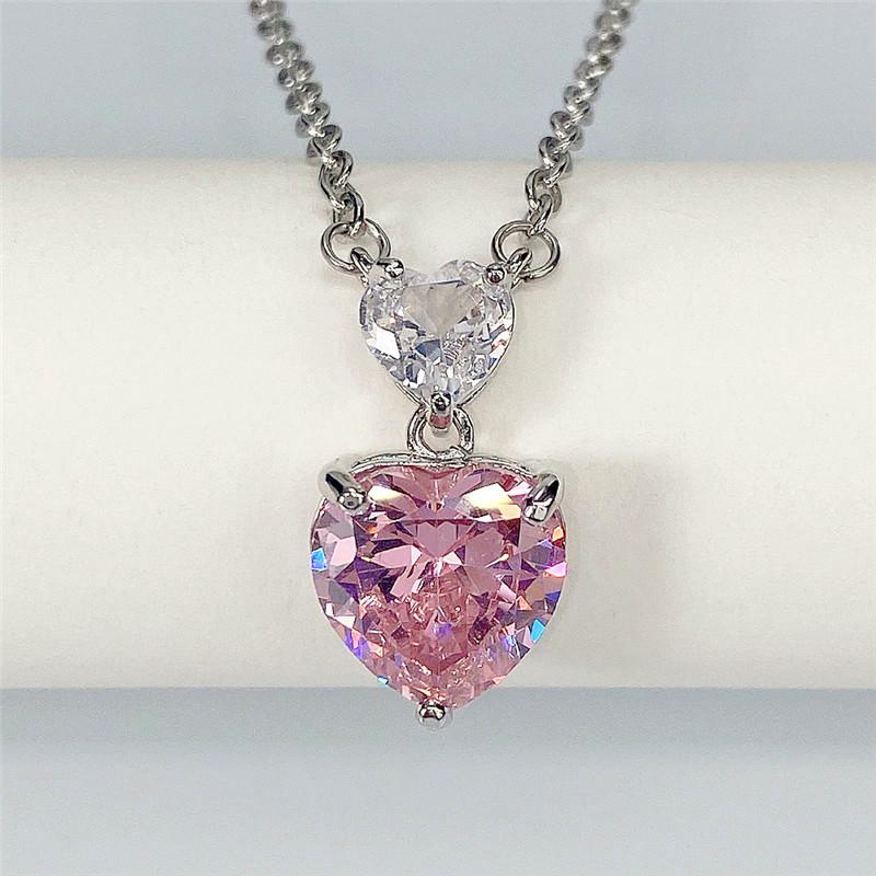 Silver Plated Double Heart CZ Pendant Necklace, Romantic Pink & Clear CZ Cable Chain Necklace for Women