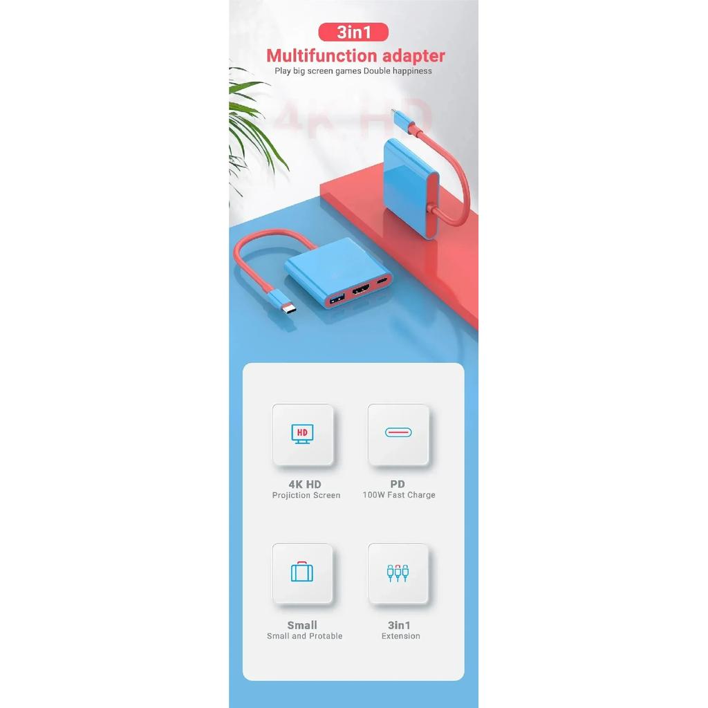 3 IN 1 Portable Nintendo Switch Docking Station TYPE-C To 4K HDTV Hub with HDMI and USB 3.0 for Steam Deck Phone IPad Laptop