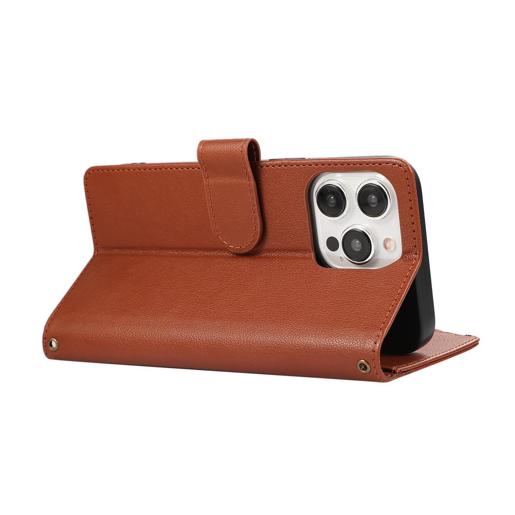 For iPhone 15 Pro Case Multi Card Slots Zipper Leather Phone Cover with Wrist Strap