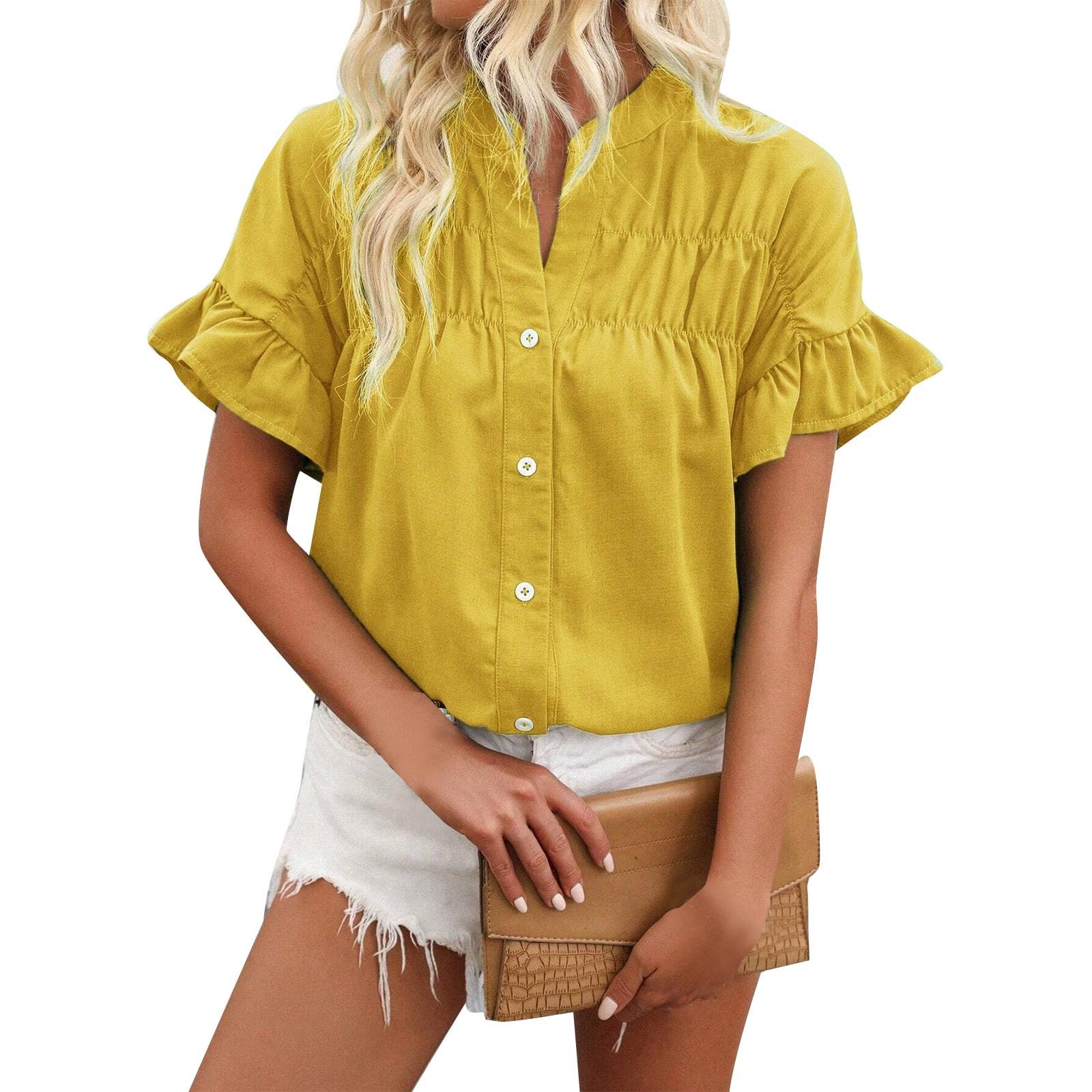 

Women s Fashion Casual Short Sleeve Shrink Shirt Button Solid Color Standing Collar Top M жовтий
