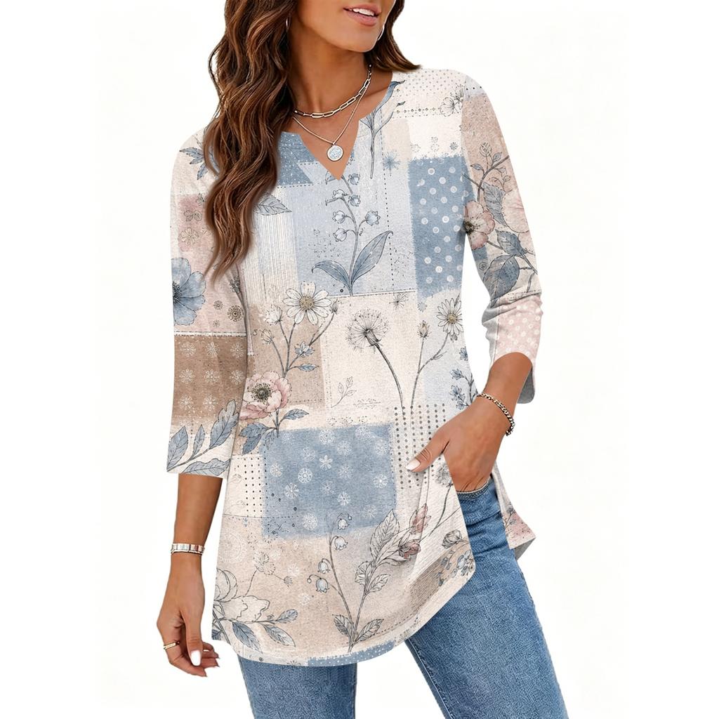 Womens Casual V Neck 34 Sleeve Pullover Tunic Top Floral Print Loose Fit Mid Length Blouse for Daily Wear