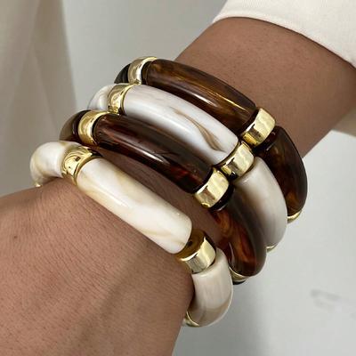 IF ME 4 Pcs Bamboo Tube Resin Bracelet Set For Women Acrylic Curved Tube Bracelets Plated Stackable Wristband Trendy Boho Jewelry