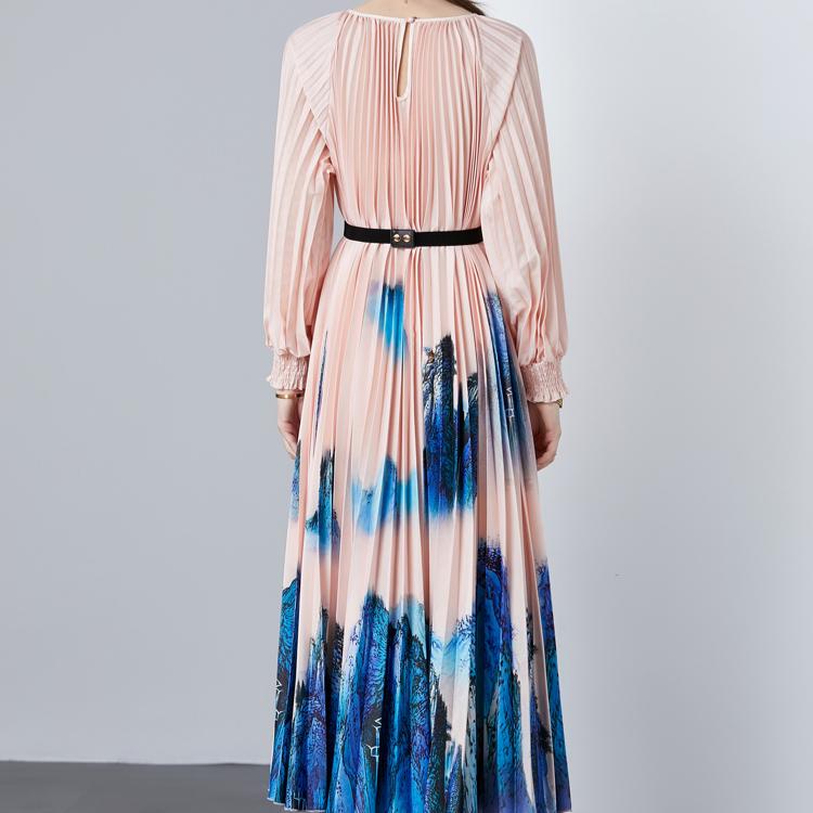 Spring Autumn Women Full Sleeve Print Oversized Long Maxi Holiday Party Pleated Dresses with Belt