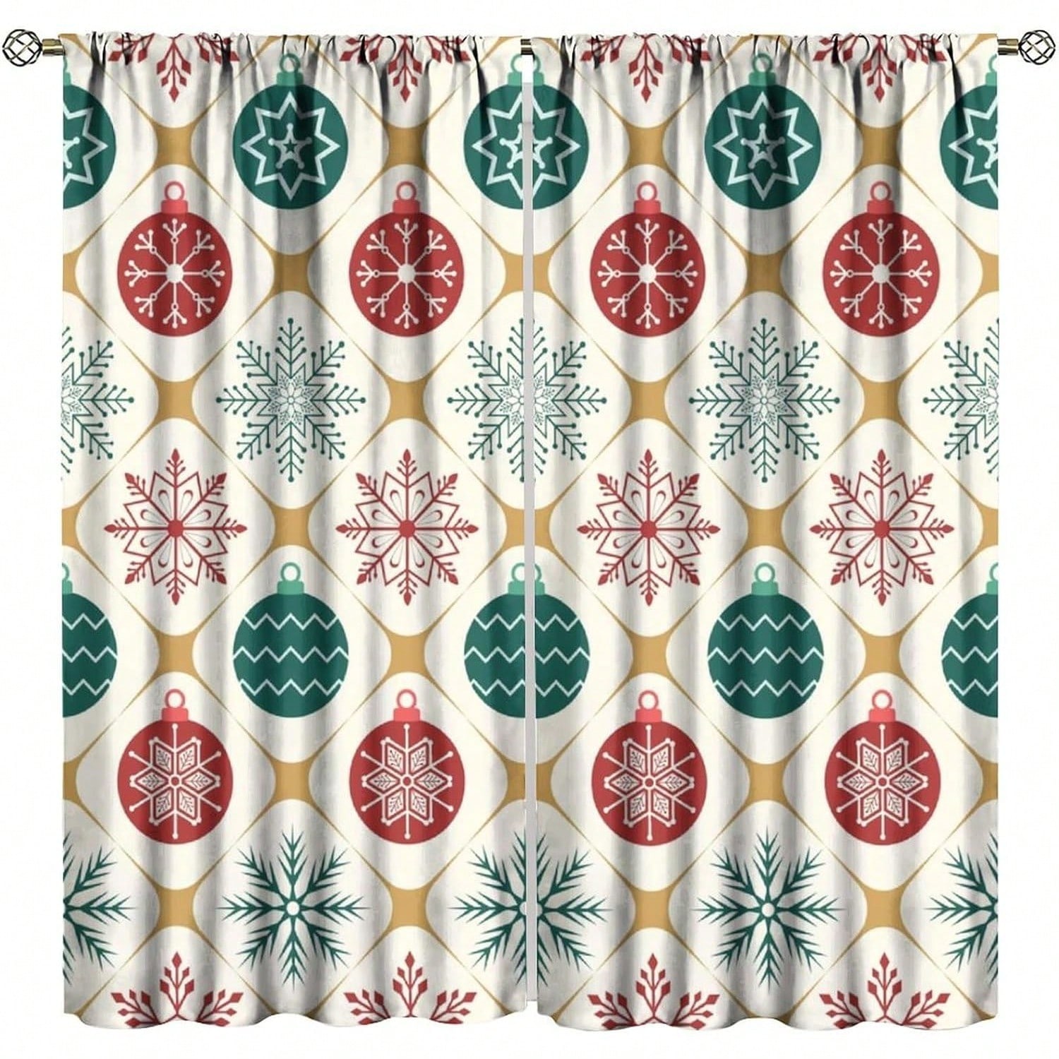 

Рождественские светонепроницаемые шторы, Праздничный фон с шаром из сосновых листьев, Классический дизайн с принтом, Оконные шторы, Для гостиной 53x116cm 2pc&Without mount