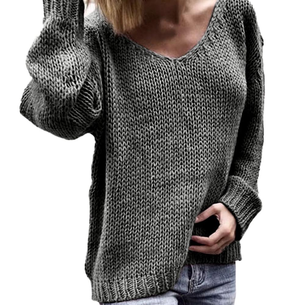 Women's Fashion V-neck Long Sleeve  Solid Color Sweaters and Knitted Sweaters