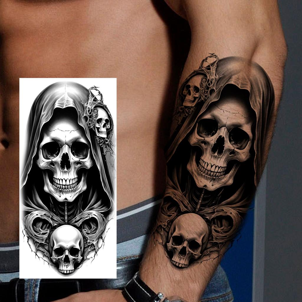 1 Blatt Gruseliger Sensenmann Totenkopf Temporäre Tattoos Halloween Tattoos Langlebig Wasserdicht Tiger Wolf Bestie Fake Tattoo Aufkleber