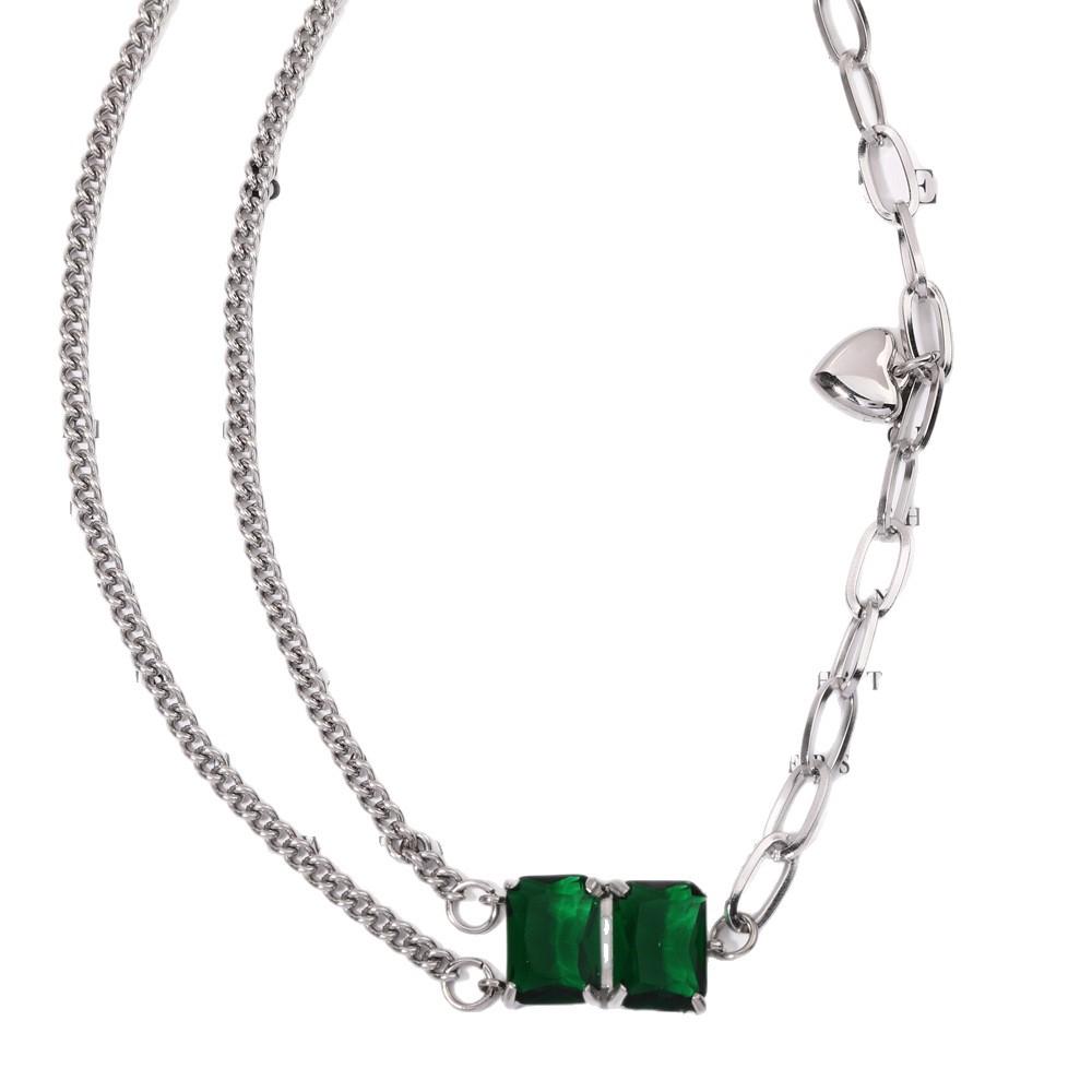 Green Cubic Zirconia Double Layer Titanium Steel Cuban Necklace - Minimalist Streetwear