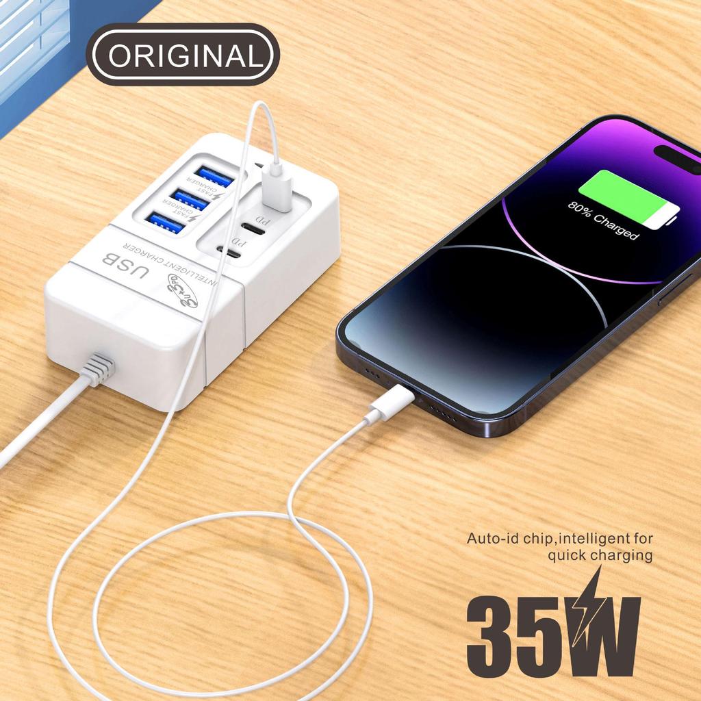 35W Multi-Port Power Strip Charger with 3 PD & 3 USB, 6 Sockets, and 3A Fast Charging