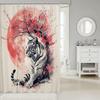 Sakura Tiger Shower Curtain Japanese Ukiyo Watercolor Red Sun Wild Animal Floral Kids Adult Bathroom Decor Hooks
