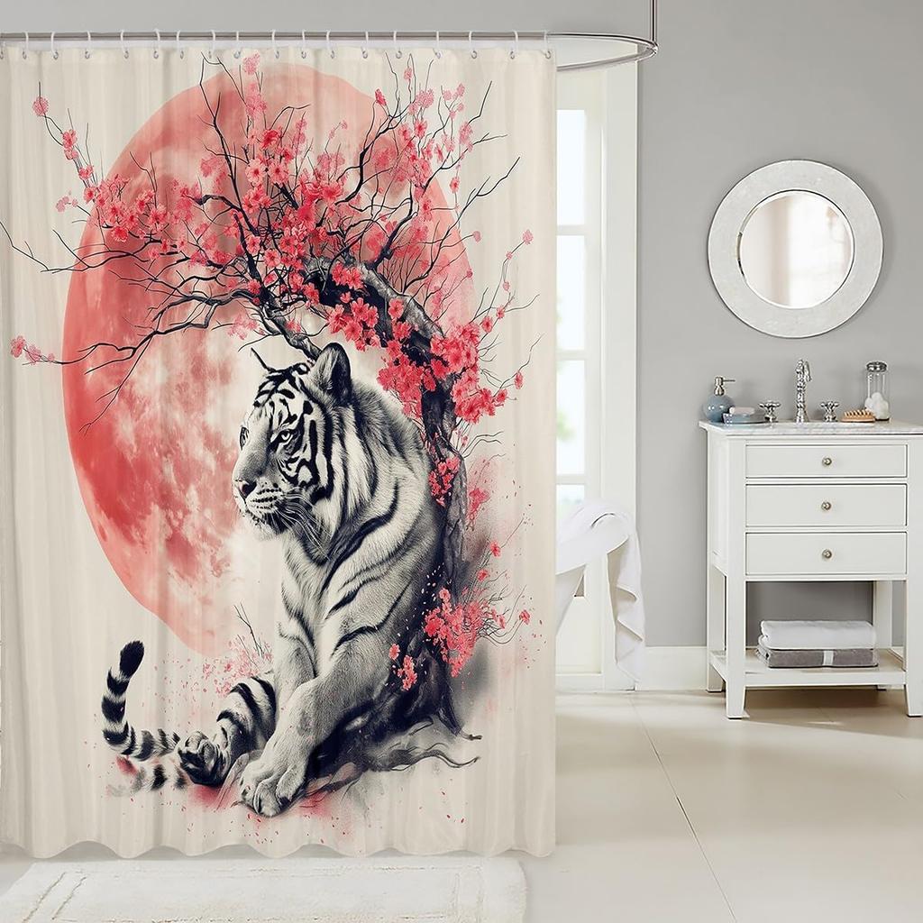 Sakura Tiger Shower Curtain Japanese Ukiyo Watercolor Red Sun Wild Animal Floral Kids Adult Bathroom Decor Hooks
