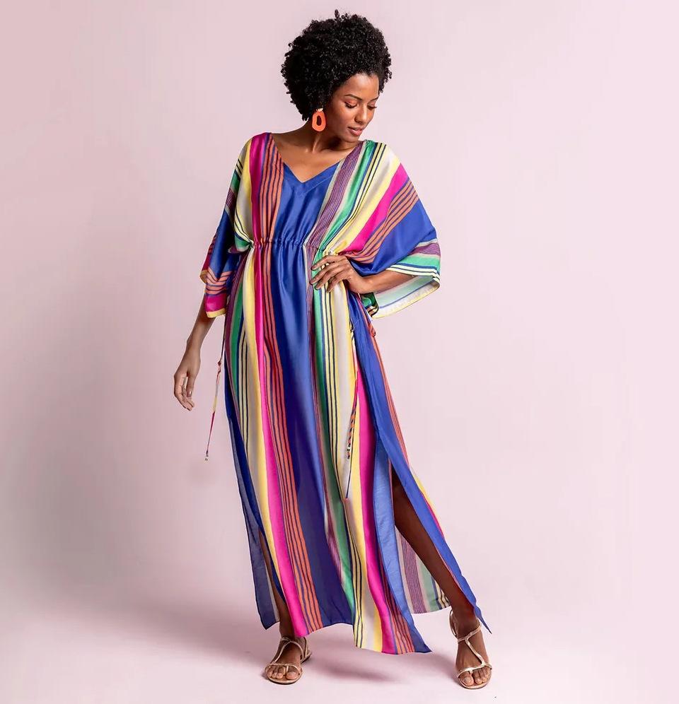 Vertical Stripe Drawstring Robe - Casual Beach Bikini Cover-up