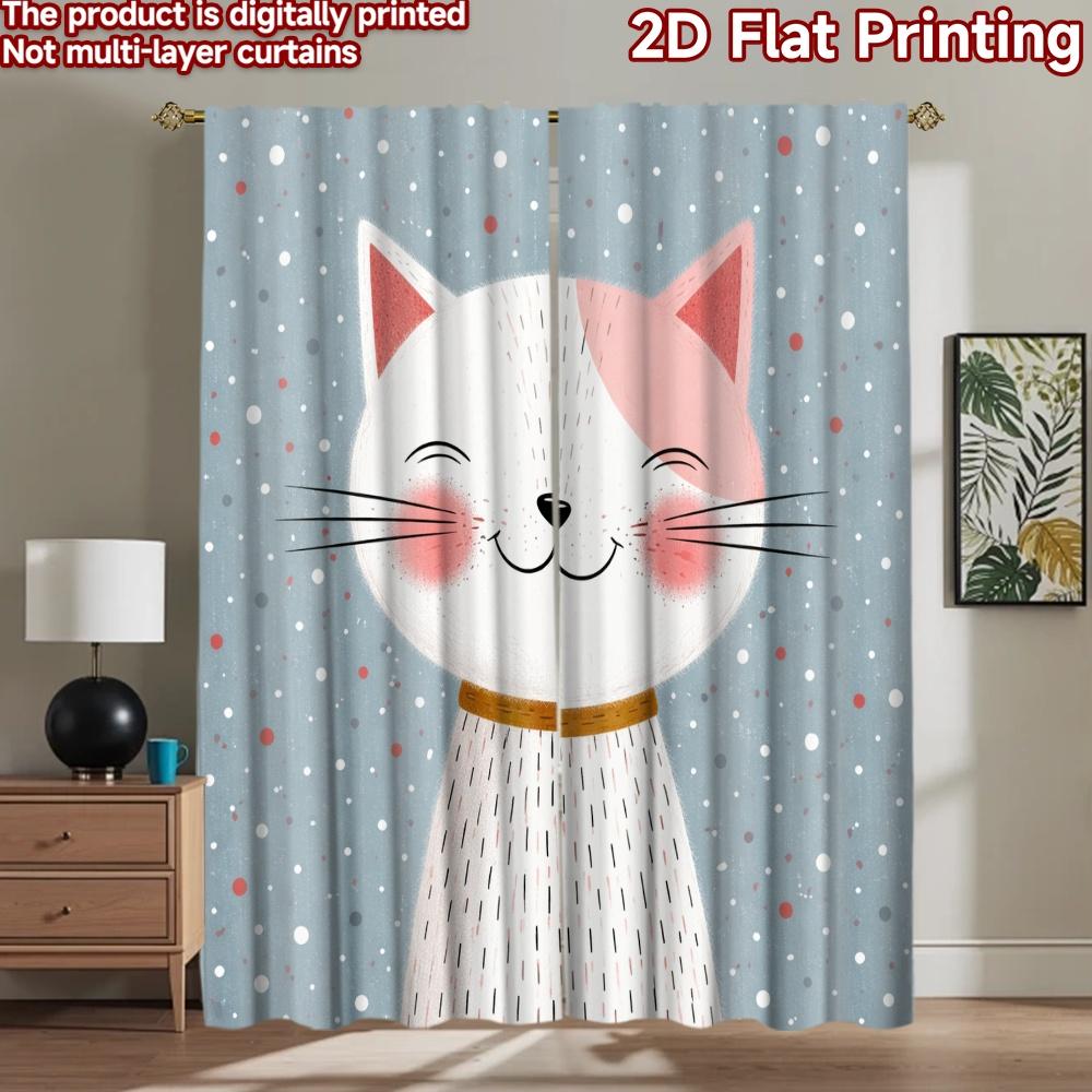 2D flat printing 2pcs Curtain Curtain Smiling Cat in Snow Digital Printed Polyester Drapes Family Party Use for Festive for