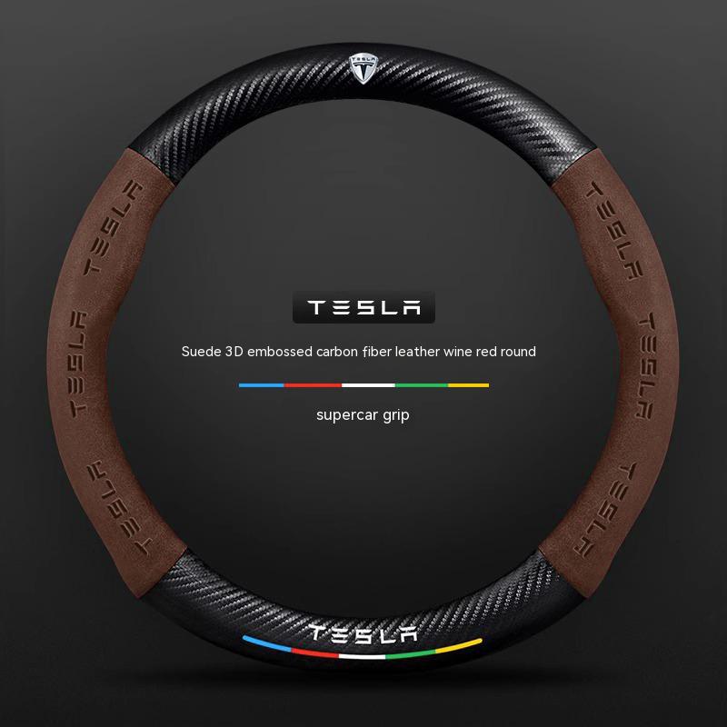 ALA1 Tesla Model 3 Model Y Model S Model X Roadster Suede Carbon Fiber Anti-slip Breathable Car Steering Wheel Cover Auto Accessories
