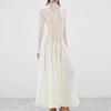 Hollow Out Mesh Maxi Dress High Collar Slim Fit Long Sleeve Robe High Waist Pleated Party Dresses New Lady Fashion Clothing