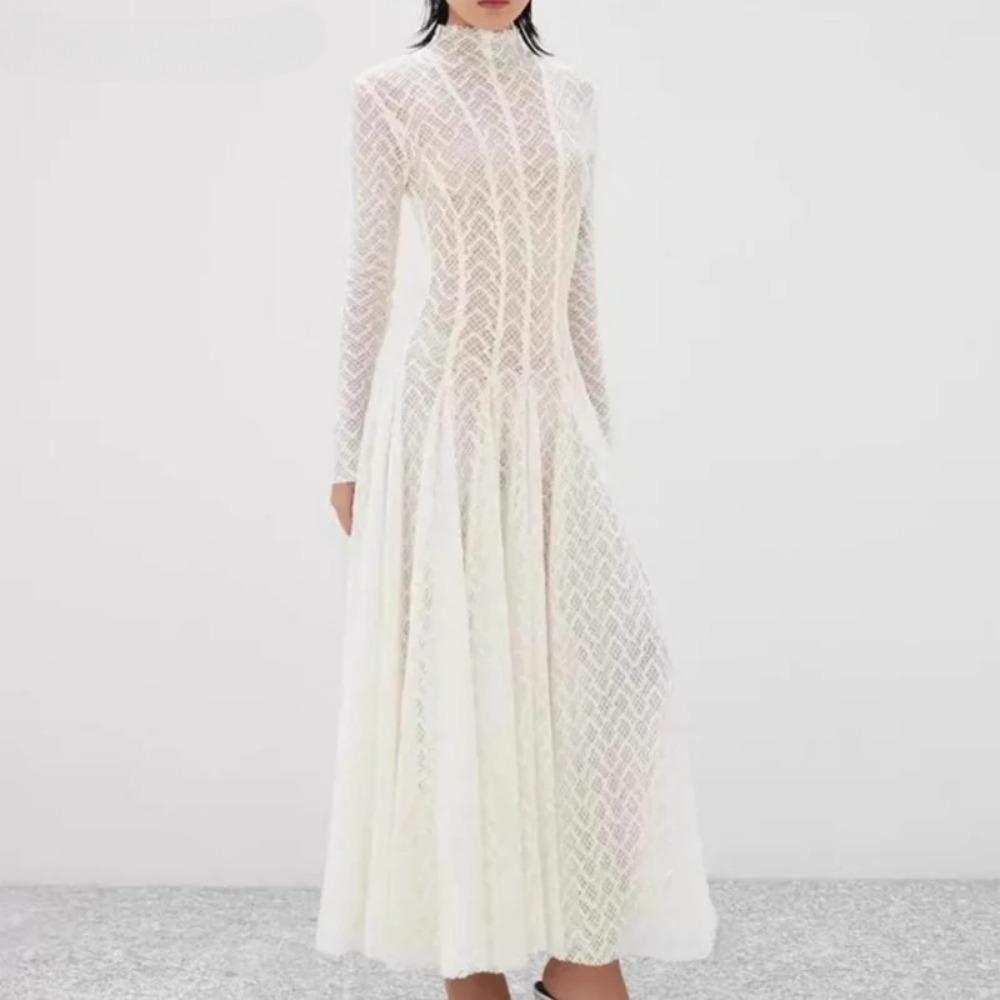 Hollow Out Mesh Maxi Dress High Collar Slim Fit Long Sleeve Robe High Waist Pleated Party Dresses New Lady Fashion Clothing