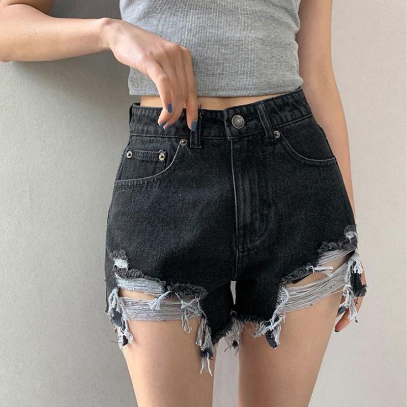 

Женские джинсовые шорты с рваными дырками, милые повседневные брюки с высокой талией, женская одежда больших размеров, летняя уличная тенденция, танцевальная сексуальная одежда M чёрный