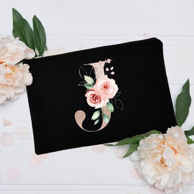 Borsa per il trucco floreale con alfabeto, damigella d'onore, damigella d'onore, festa, matrimonio, addio al nubilato, regalo, in tela, con cerniera, per cosmetici