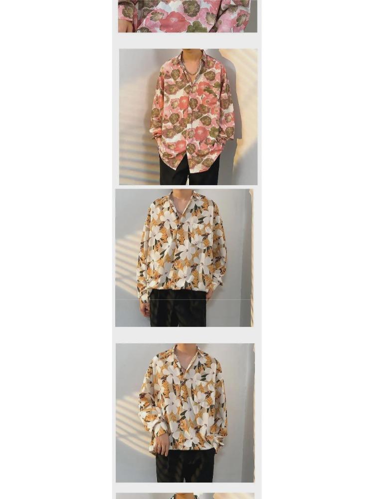 Men Spring Autumn Retro Jacket Trendy Korean Hong Kong Japanese Style Floral Shirt
