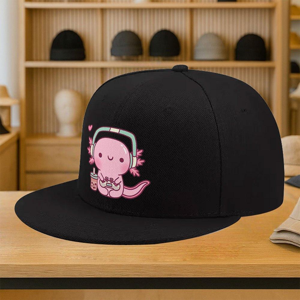 Cute Gamer Axolotl Print Baseball Cap Polyester Adjustable Streetwear Casual Snapback Hat