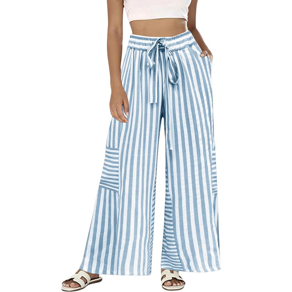 Women Striped High Waist Wide Leg Drawstring Pants Loose Fit Straight Casual Trousers with Pockets for Daily Wear