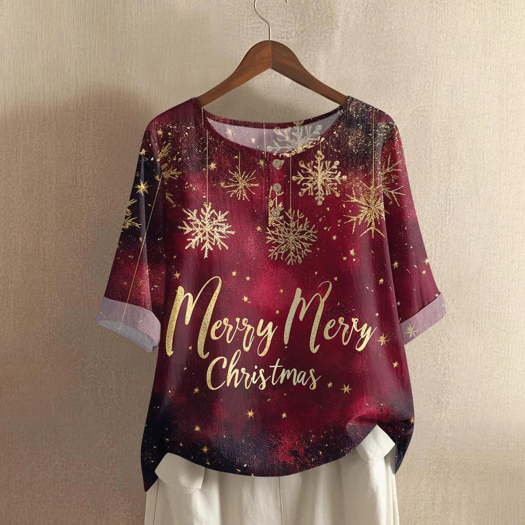 Kadın Modası Ve Günlük Gömlek Yarım Kollu Yuvarlak Yaka Noel Baskılı Pamuk Ve Keten Bluz Üst