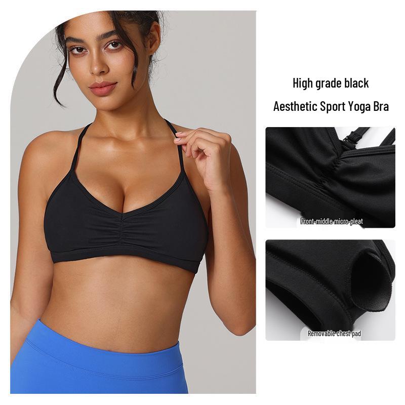 European & American Criss-Cross Back Cut-Out Pleated Sports Bra for Pilates Medium