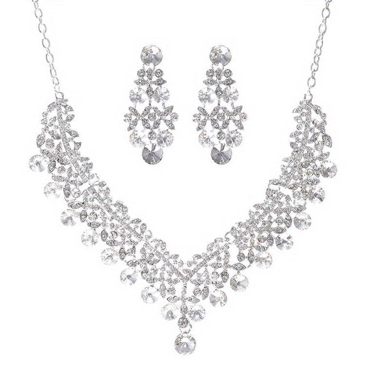 Latest Stylish Design Fancy Wedding Party Crystal Diamonds Necklace Jewellery Set for Women