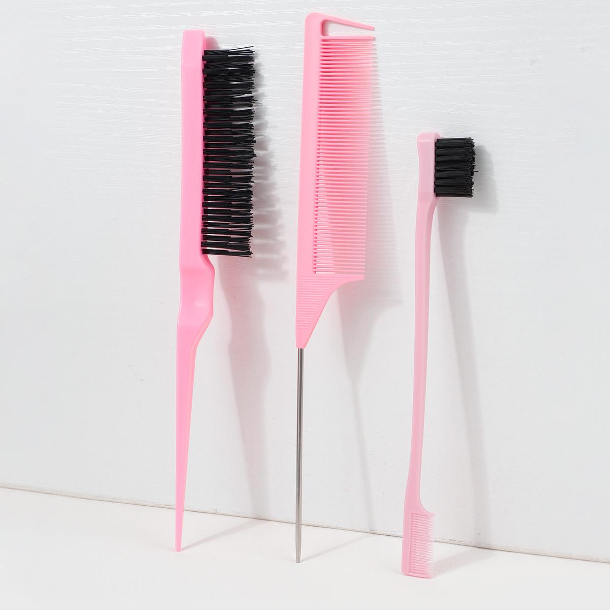 

New Three-piece Hair Brush Set Sharp-tail Comb Three-row Hair Comb Steel Needle Mouse Tail Comb Toothbrush Eyebrow Brush Tool рожевий