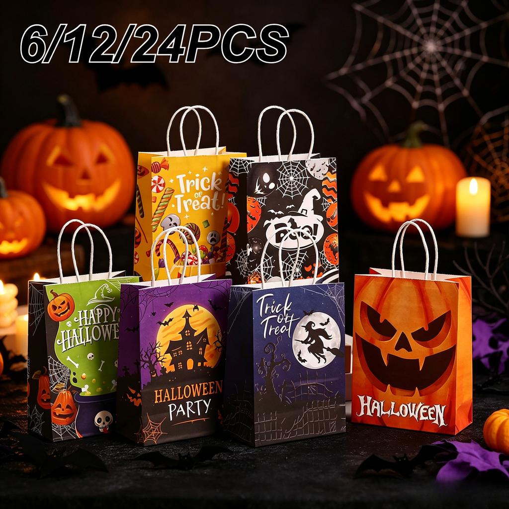 Halloween Paper Gift Bags Trick or Treat Candy Packaging Bags Pumpkin Witch Spider Print Bags Halloween Party Decor Supplies