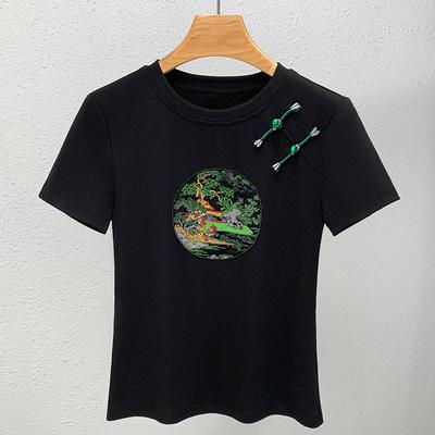 Chinese Style Embroidered Short-sleeved T-shirt for Women New Summer Women's Clothing New Chinese Round Neck Button Black Top