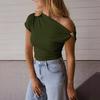 Women T-shirt Soft Stretchy Regular Fit Sloping Shoulder Short Sleeve Pullover Tops with Metal Design Party Vacation Casual Wear