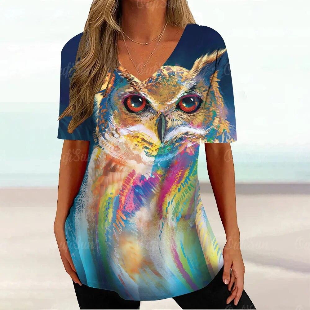 Dámská trička Vintage sova Zvířecí grafický potisk Tričko Letní móda Výstřih do V Krátký rukáv Top Trička Oversized Dámské tričko Oblečení
