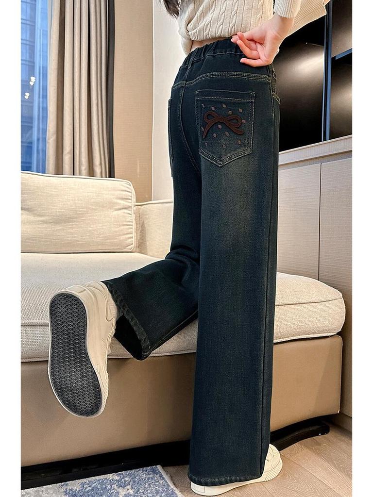 Girls' Plush Velvet Wide-Leg Jeans - Autumn/Winter 2025 Collection