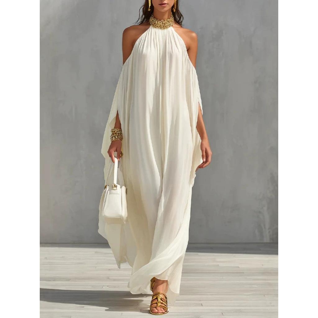 Women's Solid Chiffon Halter Tie Off-shoulder Loose Long Maxi Dress, Casual Summer Sundress For Ladies