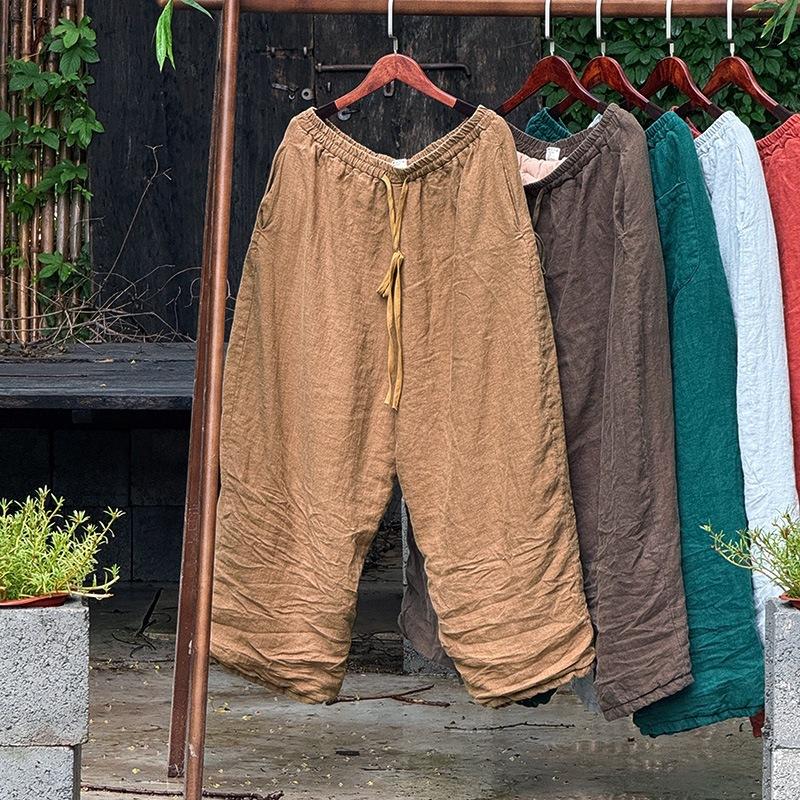 Johnature Women Vintage Wide Leg Pants Elastic Waist Solid Color Trousers Spring Pockets Casual Belt Pants