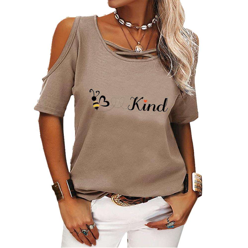 Women Fashion Print Tee Shirt Summer Off Shoulder Short Sleeve Top Ladies Casual Round Neck T-shirt