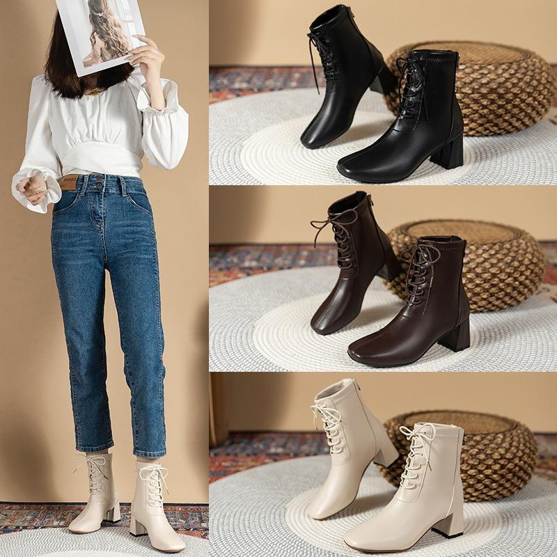 Large size square heel Martin boots women's new autumn and winter zipper lace-up short boots low tube high heel thin boots