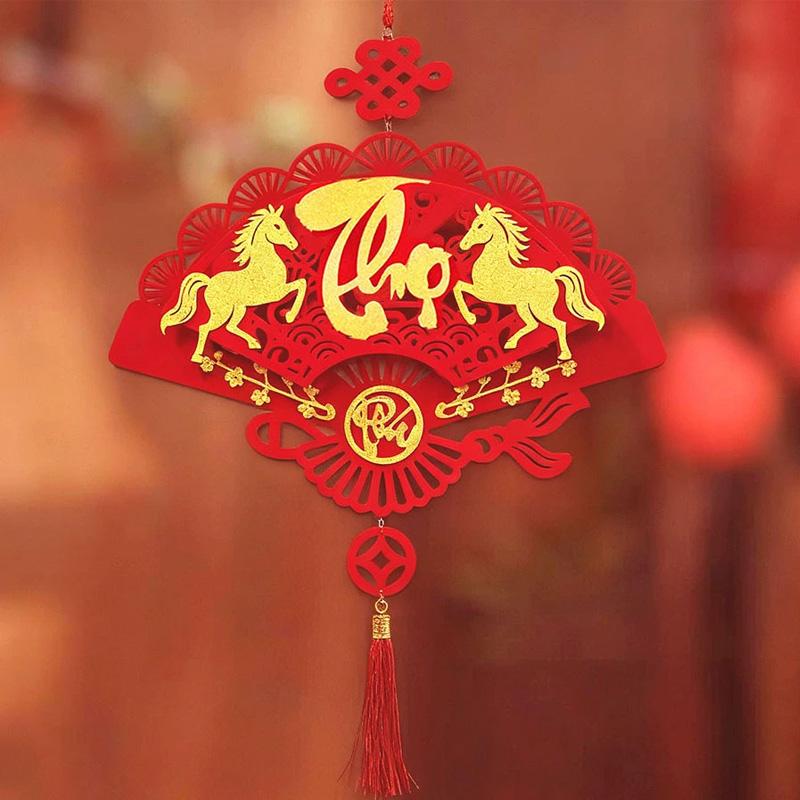 1PC Blessing Good Fortune Vietnamese Luck Red Lunar New Year Hangable Decor Fan Ornament Vietnamese Letters Tassels