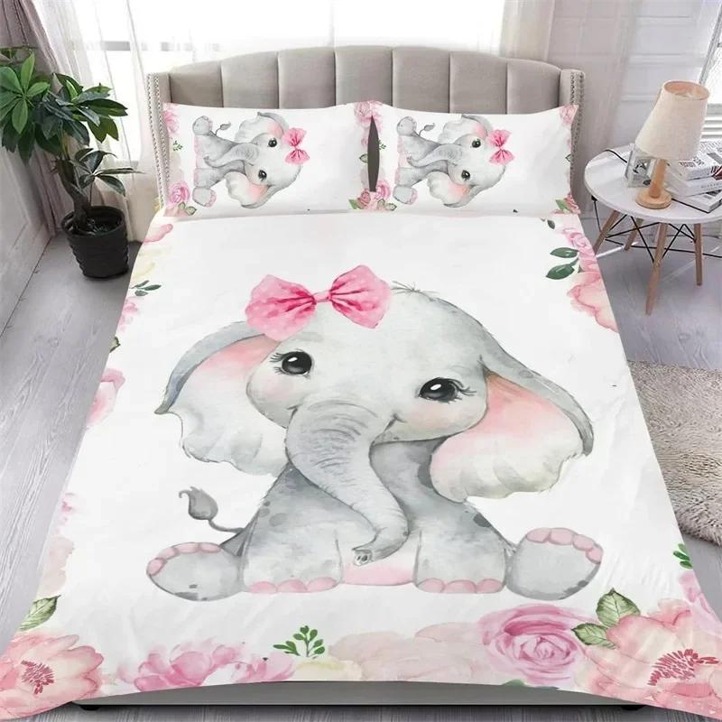 Lovely Baby Elephant FlowersComfortable Duvet Quilt Cover Pillowcase Bedding Set Children Bedroom Decoration Home Textile