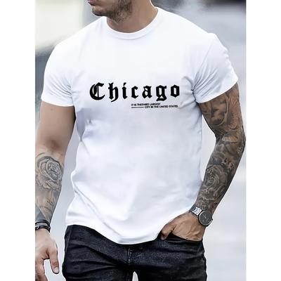 Ανδρικό T-Shirt με Γραφικό Σχέδιο Σικάγο - Casual T-Shirt με Στρογγυλή Λαιμόκοψη και Κοντό Μανίκι σε Μπεζ Χρώμα με Μαύρη Γραφή