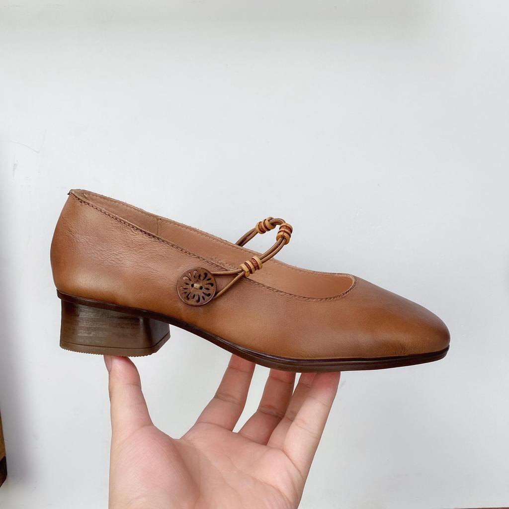 Johnature Genuine Leather Retro Women Shoes Handmade Round Toe Buckle Low Heel Comfortable Pumps