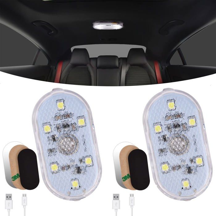 Éclairage intérieur voiture 2 pièces 6 LED blanc rechargeable sans fil - interrupteur tactile, fixation 3M/magnétique