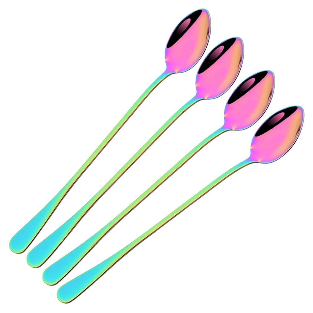 4Pcs Stainless Steel Long Handled Spoon Set Shiny Stirring Coffee Dessert Spoon Suitable for Milk Tea Juice Milkshakes Ice Cream
