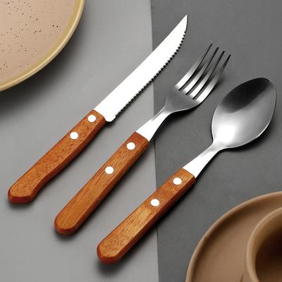 Stainless Steel Tableware, Meal Spoon, Steak Knife, Sharp Mouth Steak Three-piece Set, Wooden Handle, Spoon Set, Knife, Fork and Spoon
