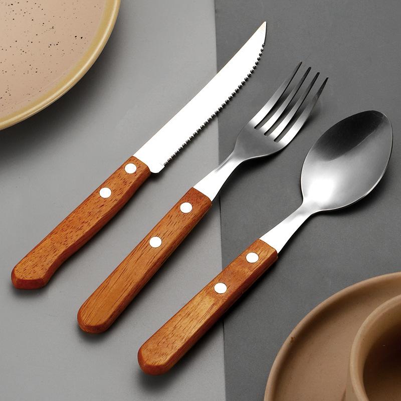 Stainless steel tableware, meal spoon, steak knife, sharp mouth steak three-piece set, wooden handle, spoon set, knife, fork and spoon